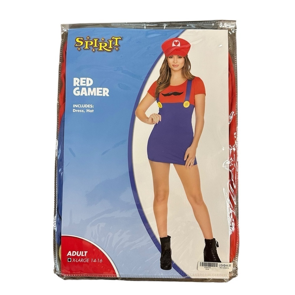 NWT Spirit Halloween Adult XL‎ Sexy Gamer Super Mario Bros Costume Dress Hat New